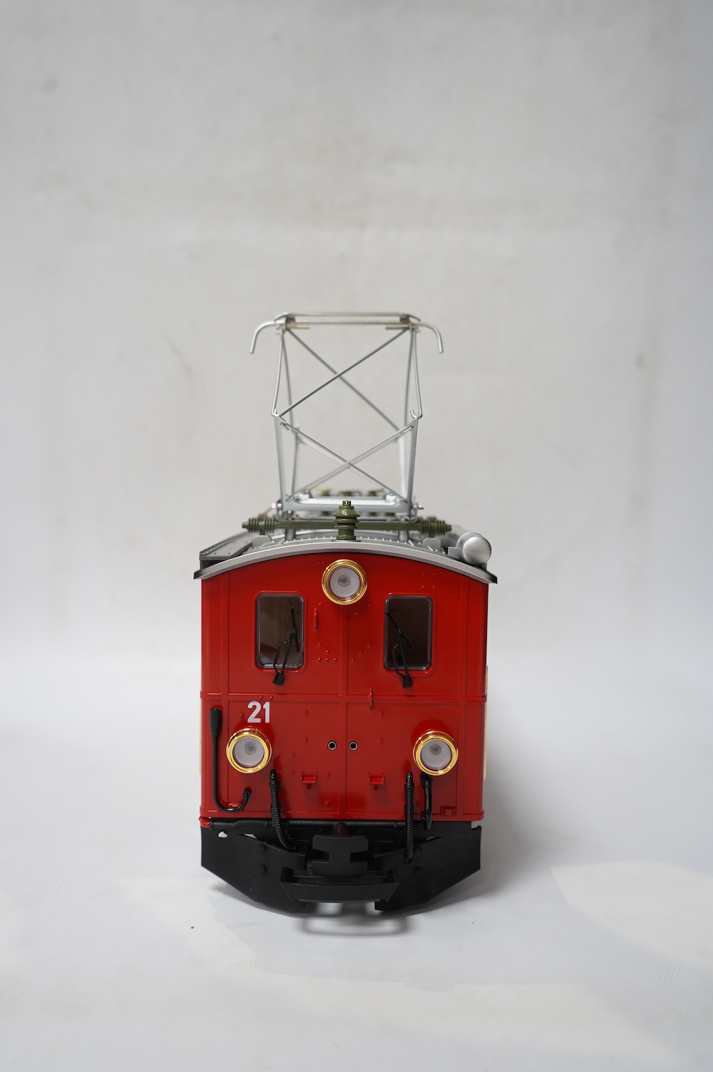 A boxed Lehman LGB (2046) G scale railway FO electric pantograph locomotive, 21, in red livery. Condition - good, evidence of very minor running wear only.